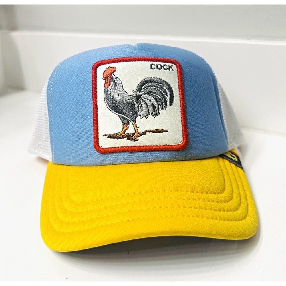 Goorin Bros Rooster Patch Trucker Hat Blue Yellow White Mesh Back The Farm NEW